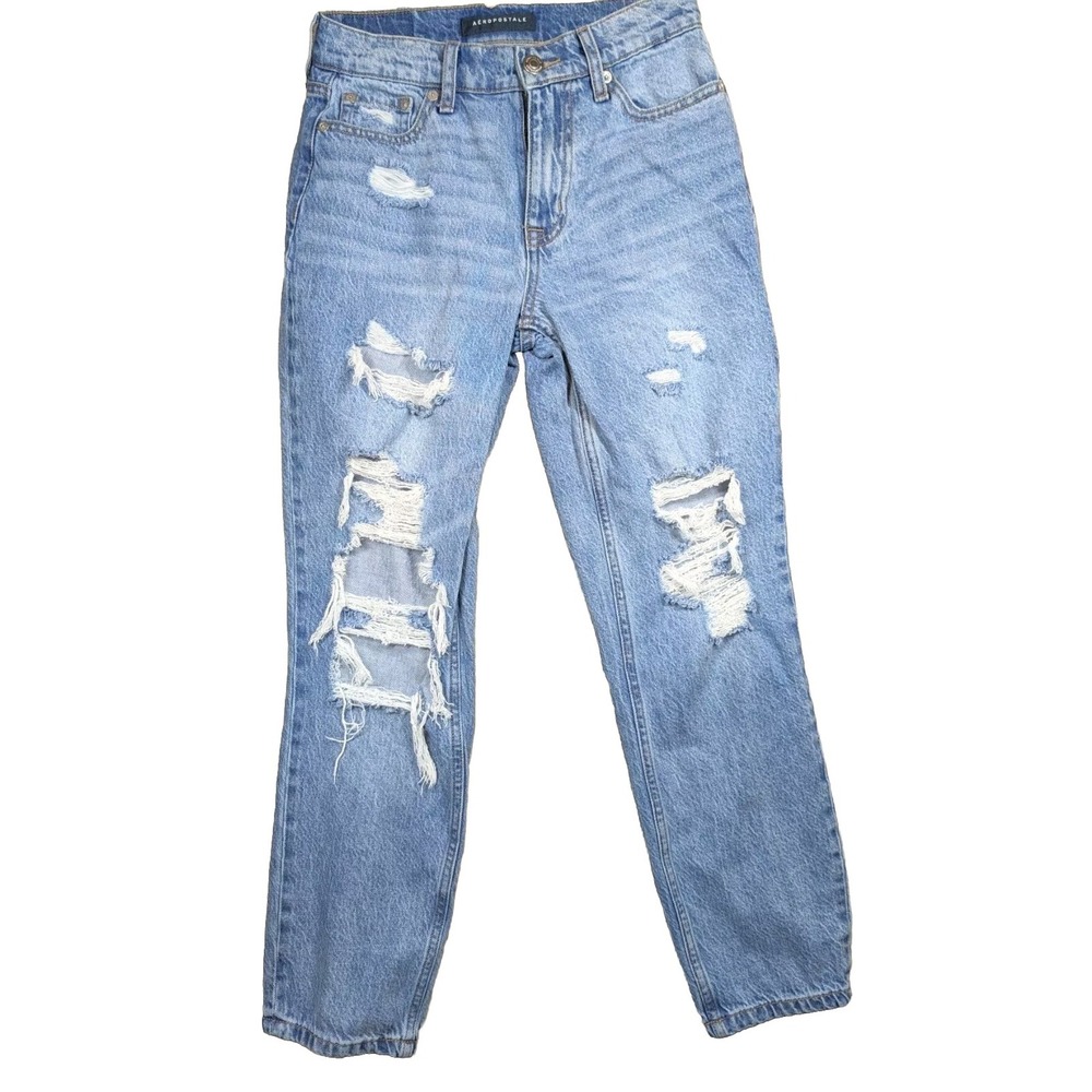 Aeropostale Mom 90s High Rise Jeans Women's Distressed Sz 00 Light Wash Classic
